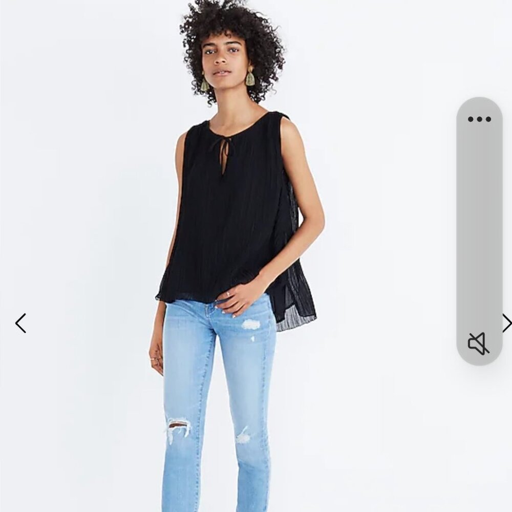 Madewell Women's Black Pleated Tank Top XS Henley Neck Hi-Lo Wide Strap Poly